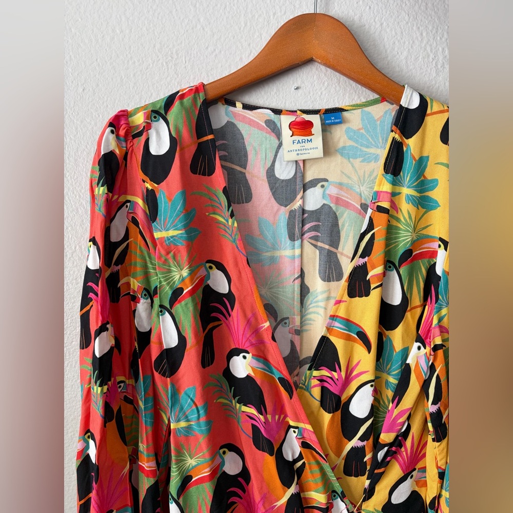 Farm Rio x Anthropologie Toucan Rainforest Tassel Wrap Blouse Women’s Medium - Picture 2 of 13